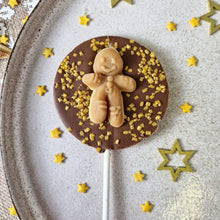 Load image into Gallery viewer, Milk Chocolate Jelly Gingerbread Man Lollipop.
