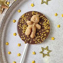 Load image into Gallery viewer, Milk Chocolate Jelly Gingerbread Man Lollipop.
