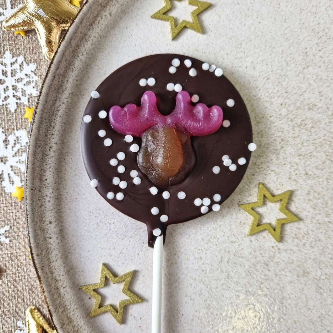 Vegan Dark Chocolate Gummy Reindeer Lollipop.