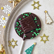 Load image into Gallery viewer, Vegan Dark Chocolate Mint Thin Lollipop.
