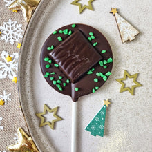 Load image into Gallery viewer, Vegan Dark Chocolate Mint Thin Lollipop.
